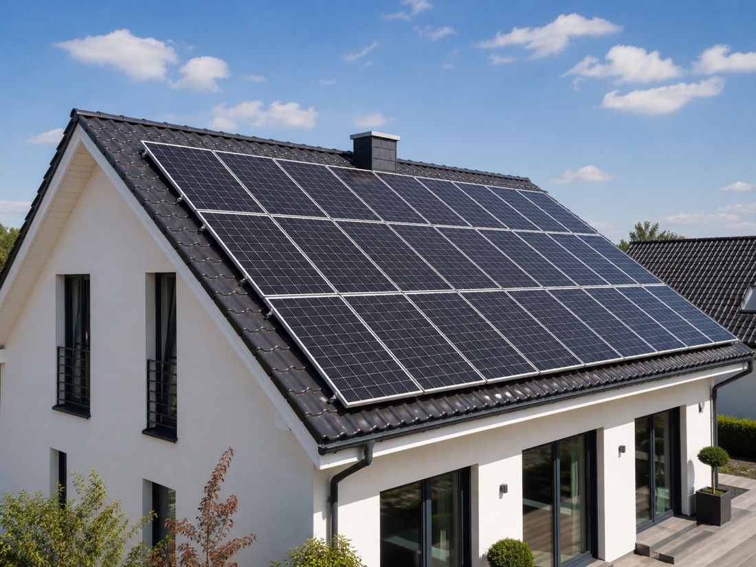 Modern ev çatısında mesken güneş enerjisi sistemi
